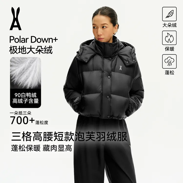 安欧兔三格短款泡芙连帽羽绒服 90手挑极地大朵白鸭绒 小个子显瘦