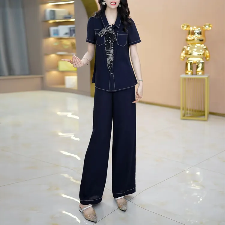 高档桑柔丝简约气质时尚休闲俩件套2025夏季新款上衣裤子修身套装