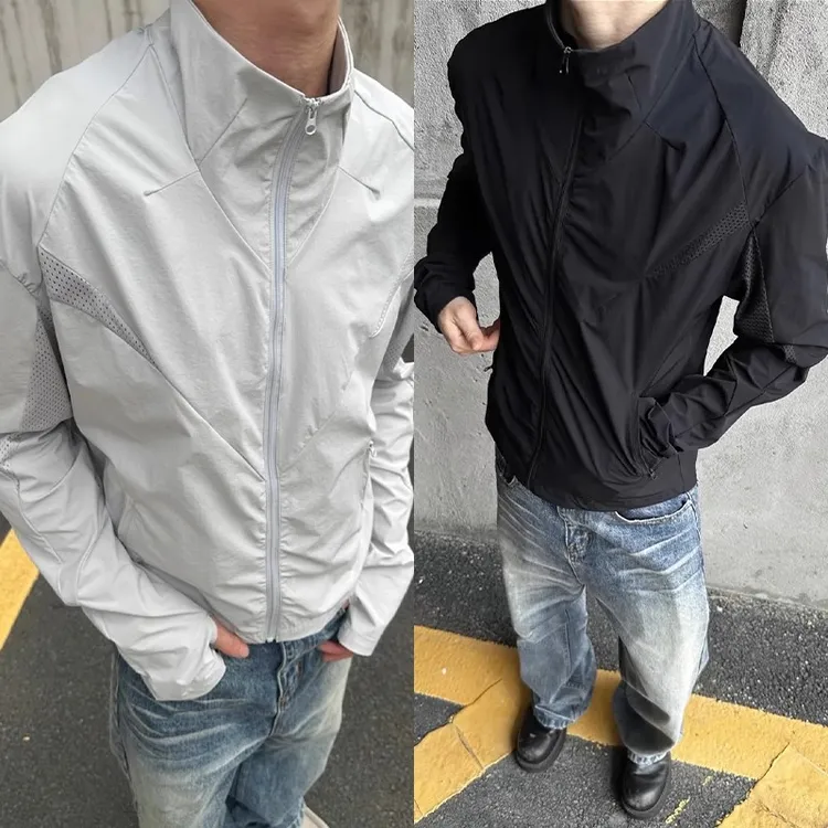 解构拼接网纱灰色防晒衣男夏季冰丝立领外套户外徒步骑行运动夹克