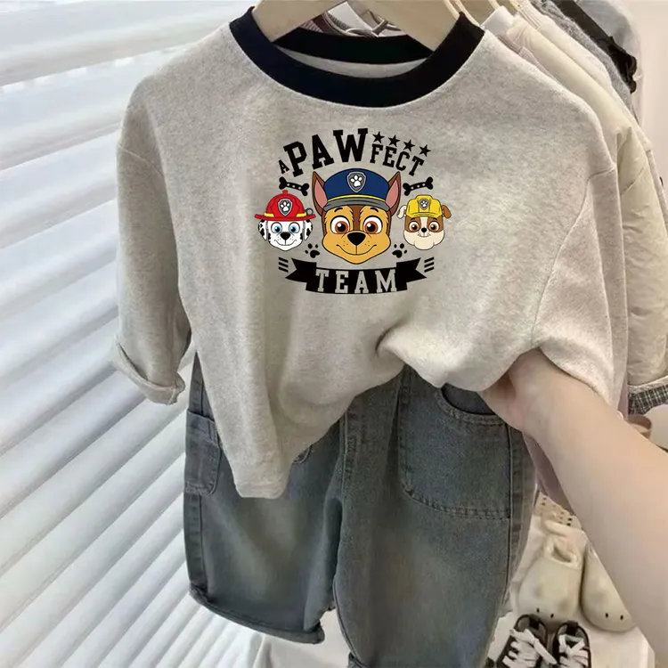 纯棉男女宝宝打底长袖拼色圆领T恤衫中小儿童卡通印花汪汪队童装