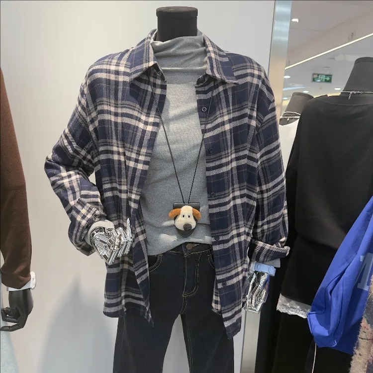 格子百搭时尚复古外套长袖衬衫女士秋季磨毛两件套