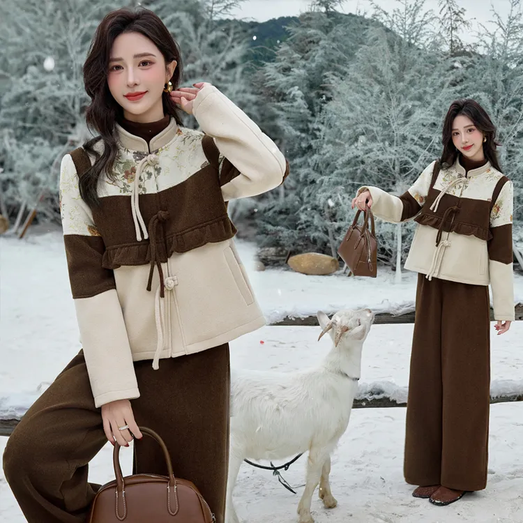 新中式国风撞色拼接毛呢套装女2025冬季新款复古盘扣阔腿裤两件套