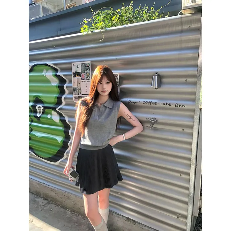 韩系甜酷风休闲百搭洋气设计感小众翻领无袖上衣高腰a字半身裙女