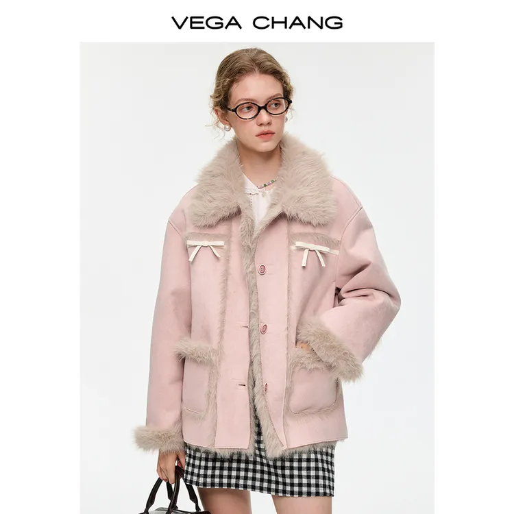 【粉驼甜心】VEGACHANG皮毛一体短外套女2025冬甜美复古外套0009LL
