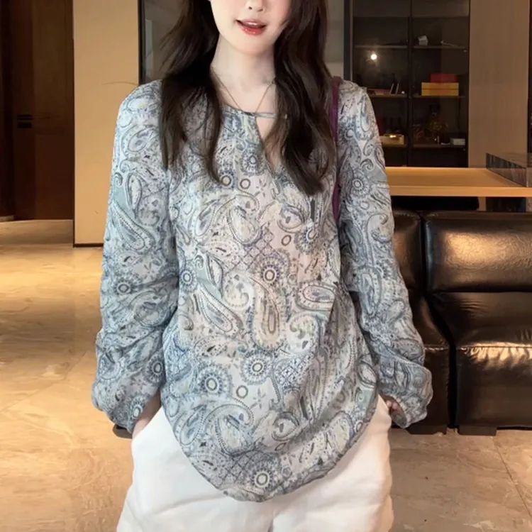 国风复古印花薄款长袖防晒衬衫女装2026夏季新款慵懒宽松显瘦上衣