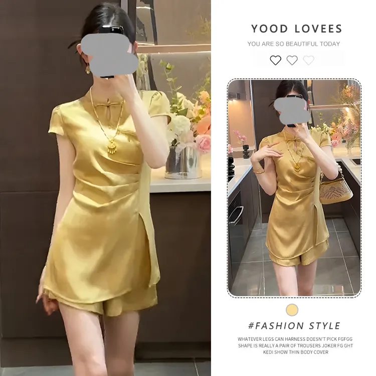 新中式国风女装2025新款轻奢高级感独特超好看黄色衬衫短裤套装夏