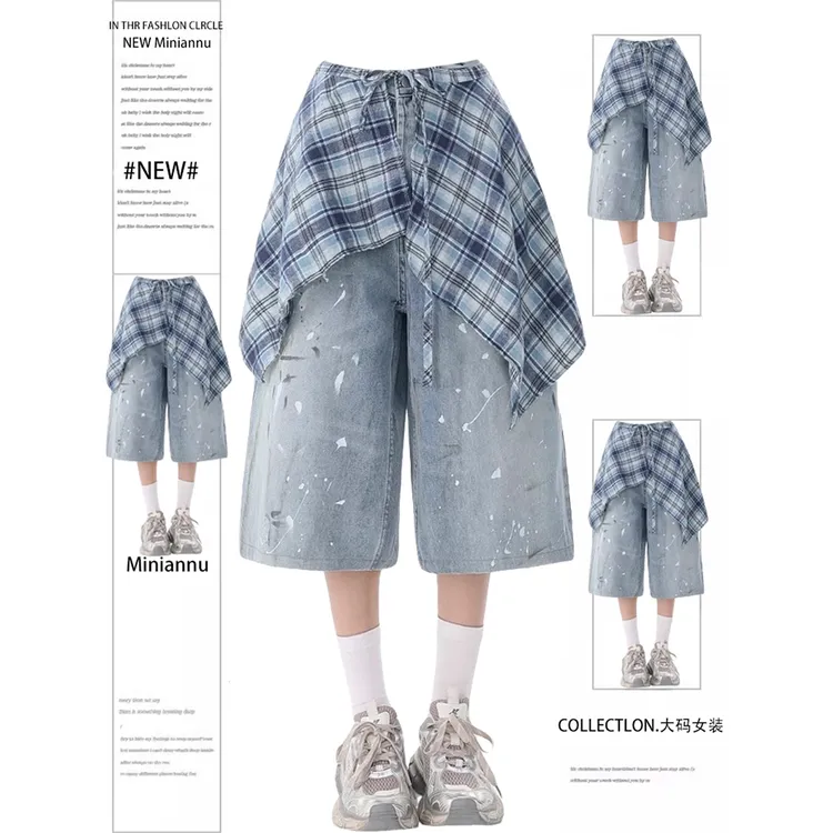 胖mm特大码美式复古屁帘牛仔短裤女夏季街头风小众宽松阔腿七分裤