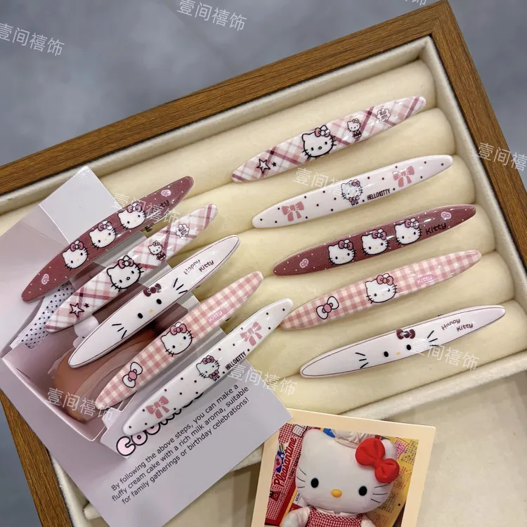 秋季新款咖色系猫咪格子椭圆发夹卡通甜美少女风刘海发卡发饰