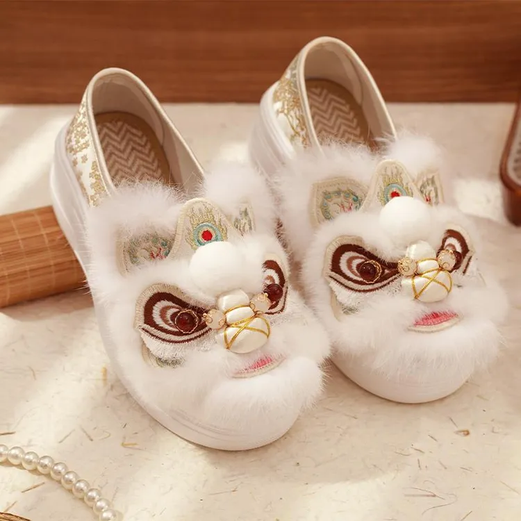 虎头鞋成人厚底增高真毛兔毛松糕鞋单鞋民族风狮子绣花鞋蓝纯手工