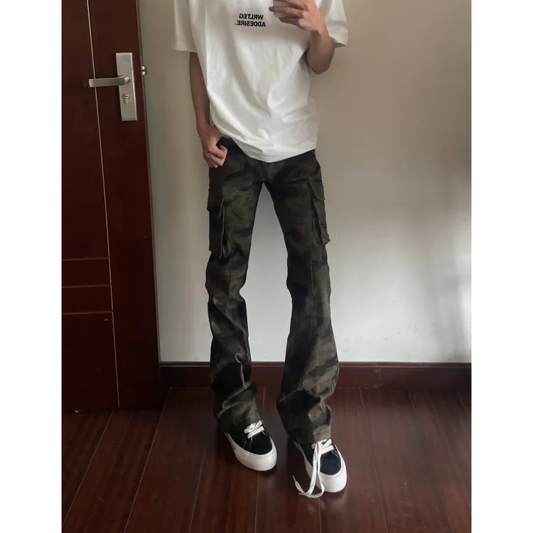 春夏伐木裤美式复古迷彩多口袋修身工装裤嘻哈直筒显瘦微喇裤男女