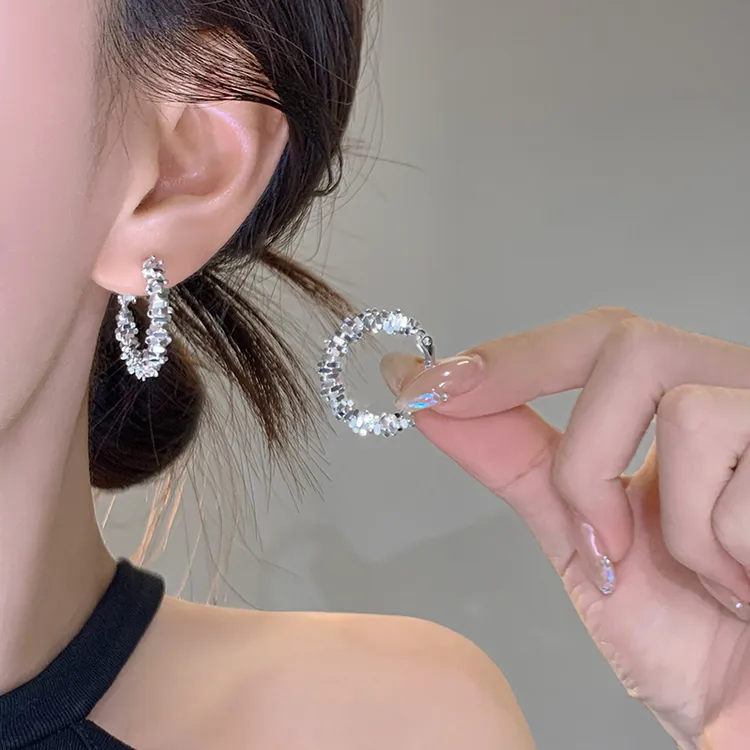 合金耳饰 999纯银耳针碎银子耳圈女轻奢高级感气质款耳环2025新款
