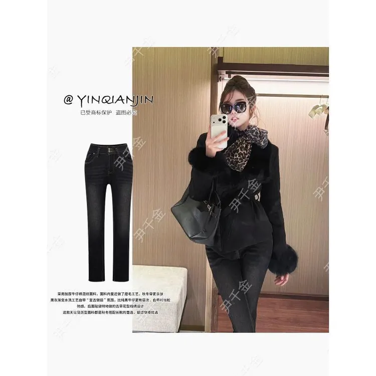 *尹千金*【大长腿】复古做旧高腰显瘦微喇修身百搭牛仔裤K257673