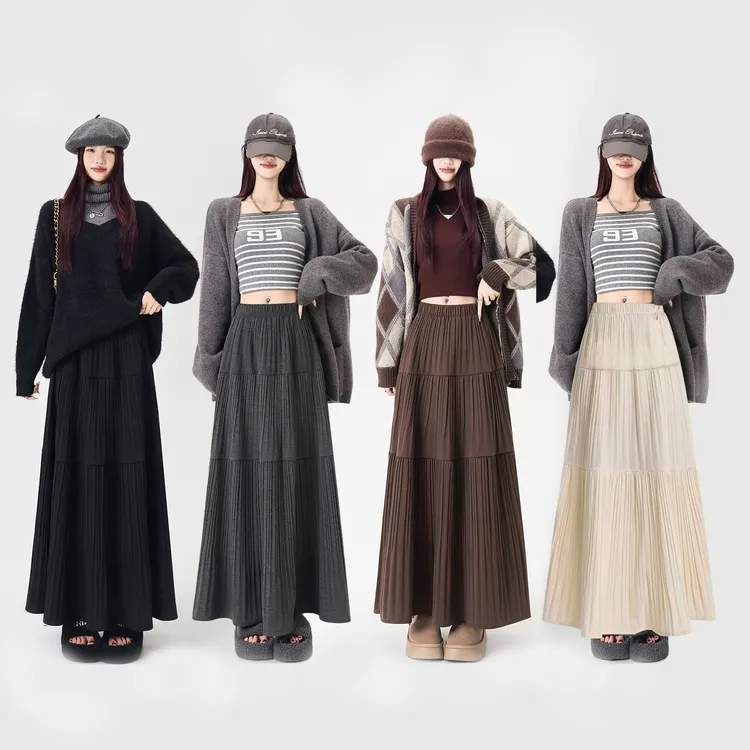 大码微胖蛋糕裙压褶半身裙女秋冬梨形身材遮胯A字大摆百褶长裙