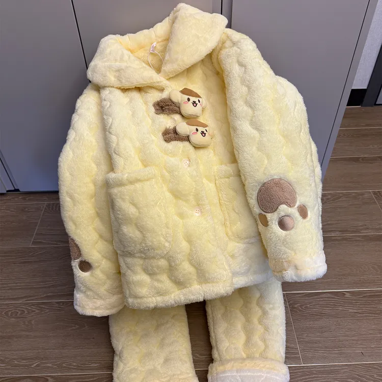 三层夹棉加厚睡衣女款秋冬季加绒保暖湖南省省服卡通布丁狗家居服