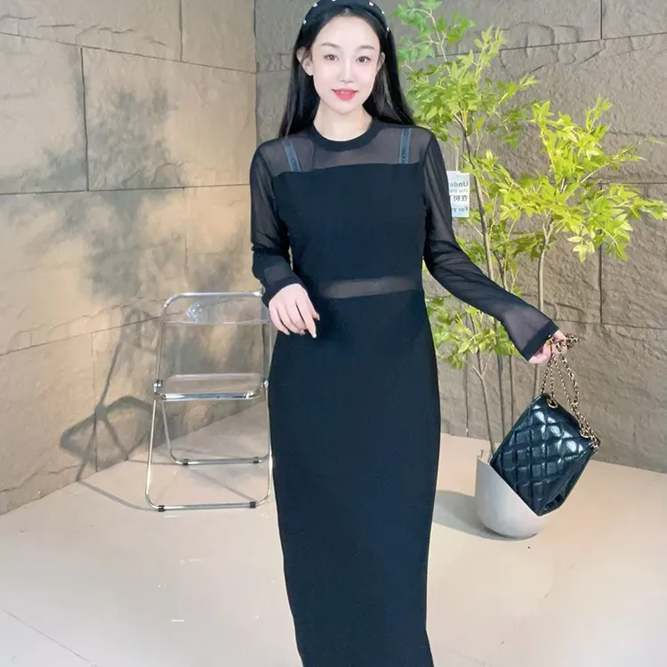 小妈风大码显瘦气质长袖春夏百搭开叉修身拼接圆领时尚打底连衣裙