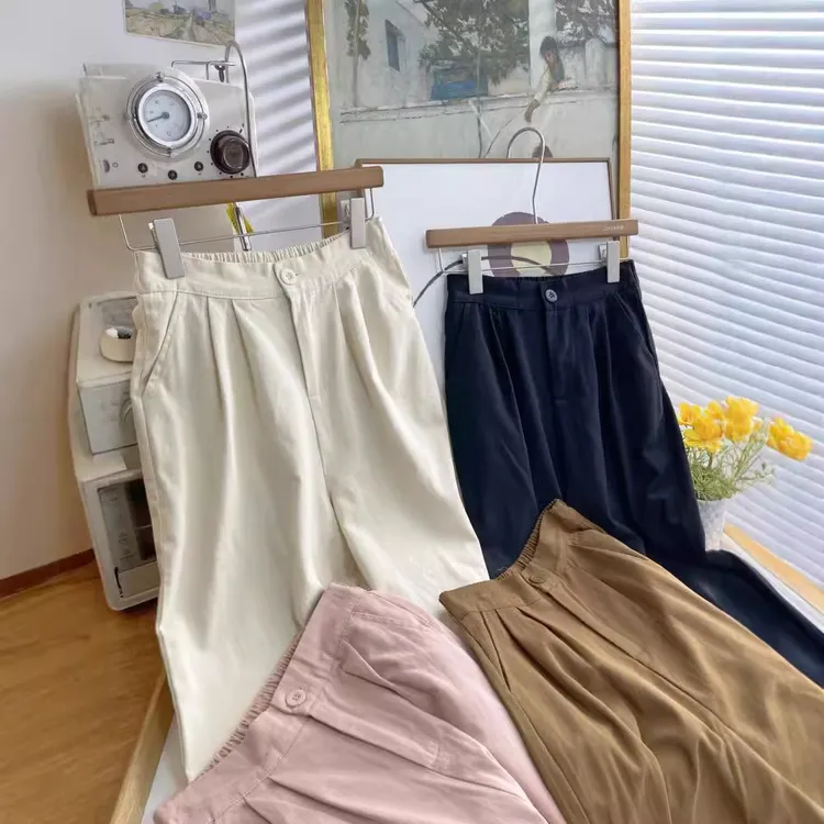 日韩系糖果色翻卷边洗水棉阔腿裤女秋宽松显瘦直筒休闲大脚裤4662