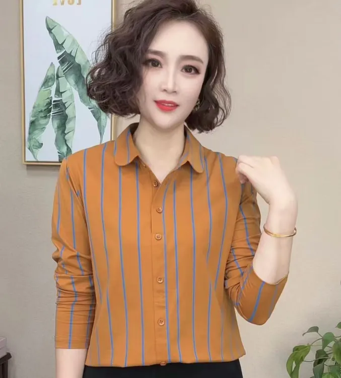 2025新款时尚洋气百搭长袖减龄竖条纹女打底衫上衣#2031