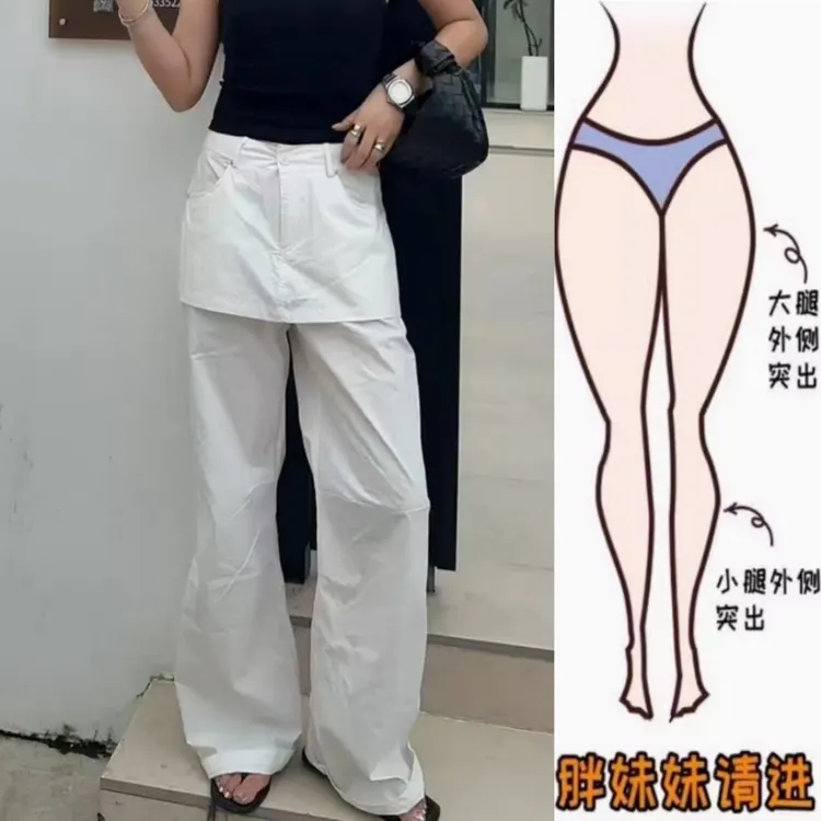 景倩妮白色洋气屁帘设计休闲裤2025年夏季新款高腰显瘦窄版阔腿裤
