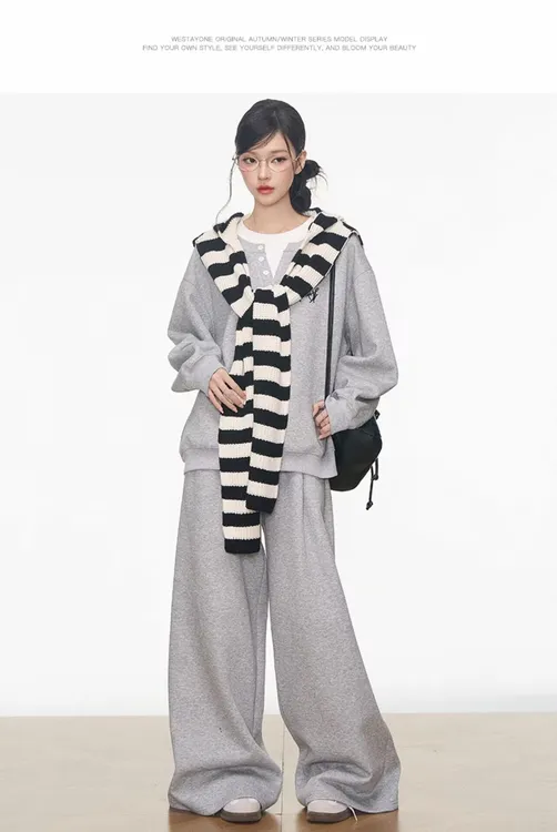 WESTAYON 休闲运动灰色卫衣套装女韩系通勤百搭高级感