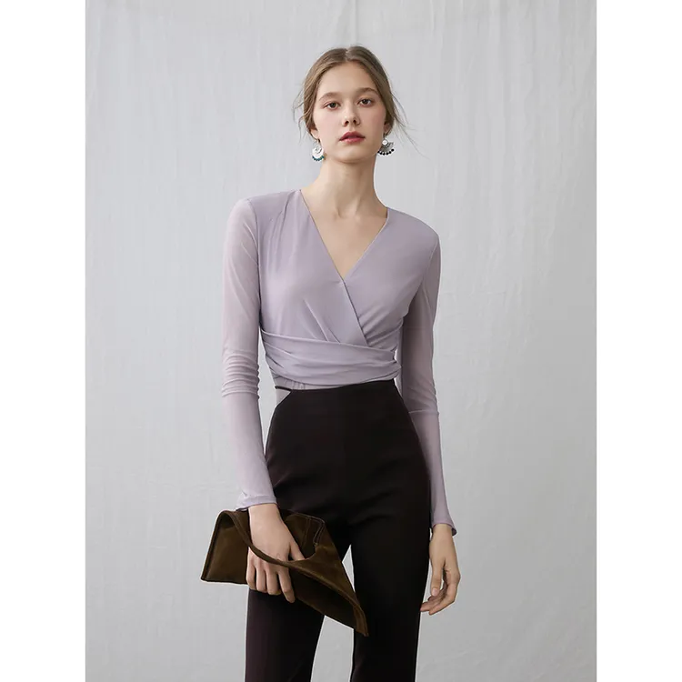 Mix Selection｜黛烟 针织醋酸小垫肩V领收褶长袖上衣MSBJY0211
