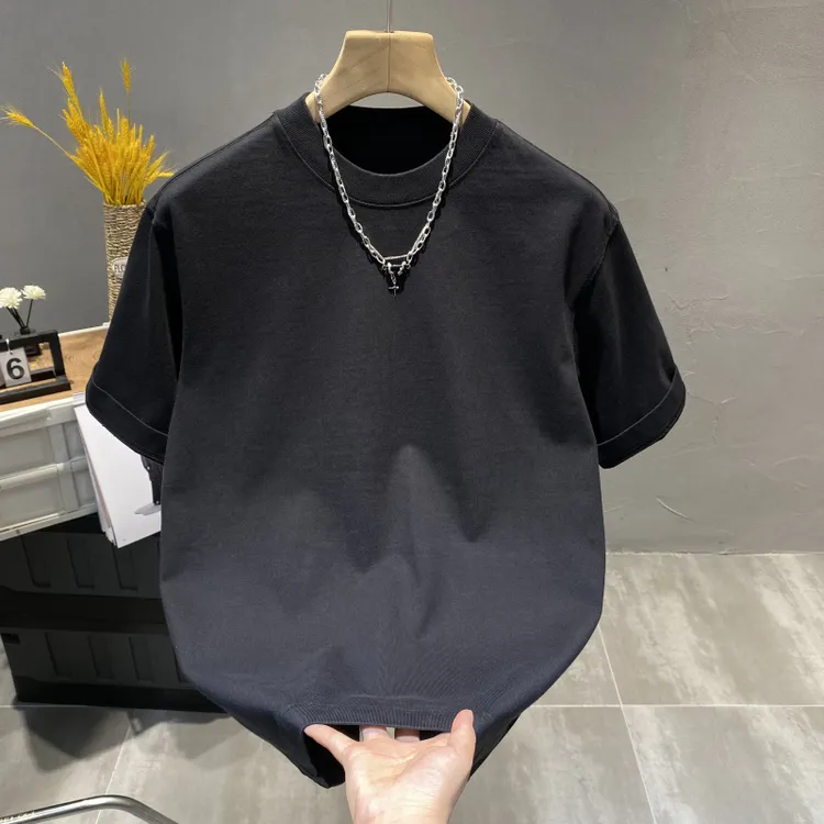 潮牌重磅纯棉短袖T恤男秋冬纯色美式休闲宽松百搭半袖打底体恤衫