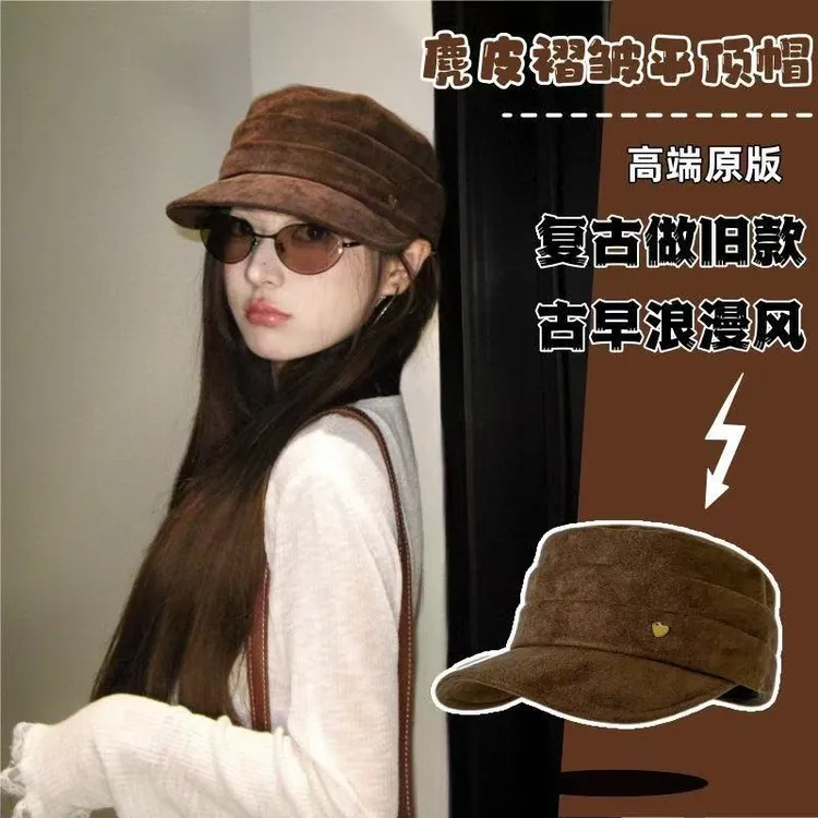 秋冬麂皮绒褶皱顶马术帽女复古骑士帽报童帽洋气百搭显脸小鸭舌帽