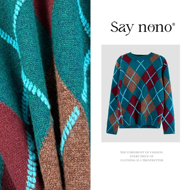 懒猫nono│Saynono 时尚复古菱形格纹设计绵羊毛针织上衣GZ11281YY