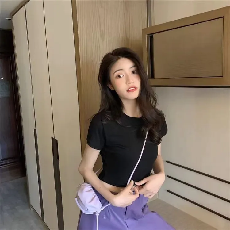 【福利品】显瘦辣妹高腰短款修身复古t恤 2025女装短袖圆领套头T恤