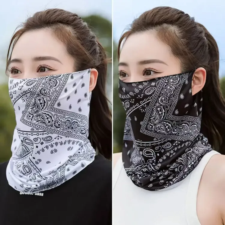 夏季防晒面纱女士骑车护脸护颈旅游挂耳腰果印花冰丝遮阳防尘面罩