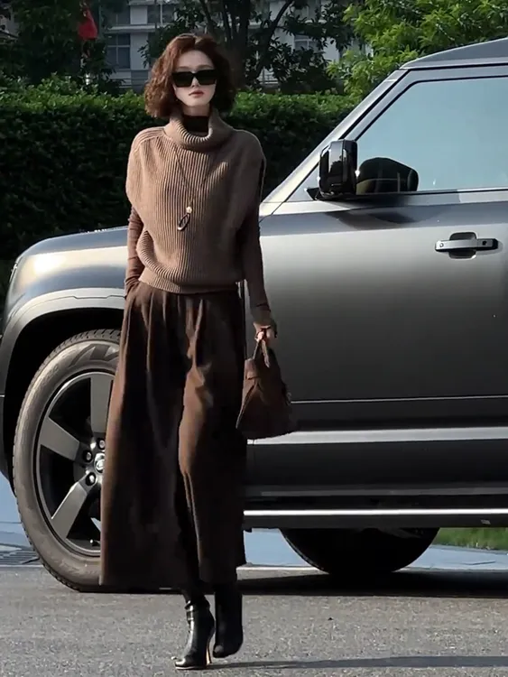 2025秋超火一整套轻奢高级感减龄洋气时尚咖色针织背心三件套装裤