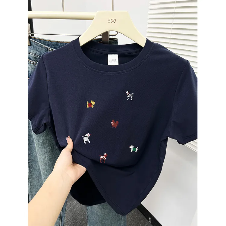 藏蓝色正肩圆领短袖t恤女装夏季新款韩版显瘦遮肉大码休闲上衣潮