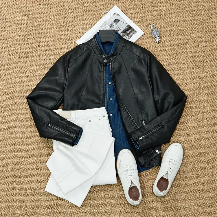 Gentrix·冬季加绒保暖美式休闲立领PU软皮衣男士机车服皮夹克外套