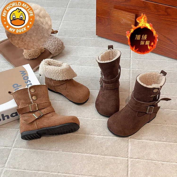 小黄鸭女童雪地靴2025冬季新款儿童加绒皮靴女孩加厚保暖长筒棉靴