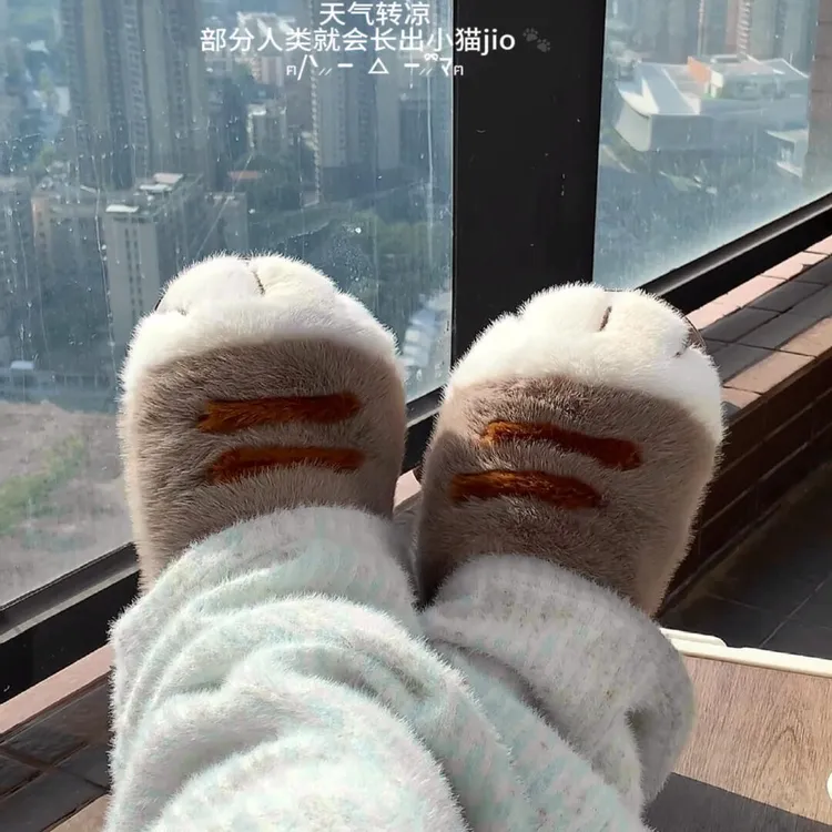 猫爪棉拖鞋女款秋冬季加绒加厚防寒保暖防滑可爱居家拖鞋情侣款