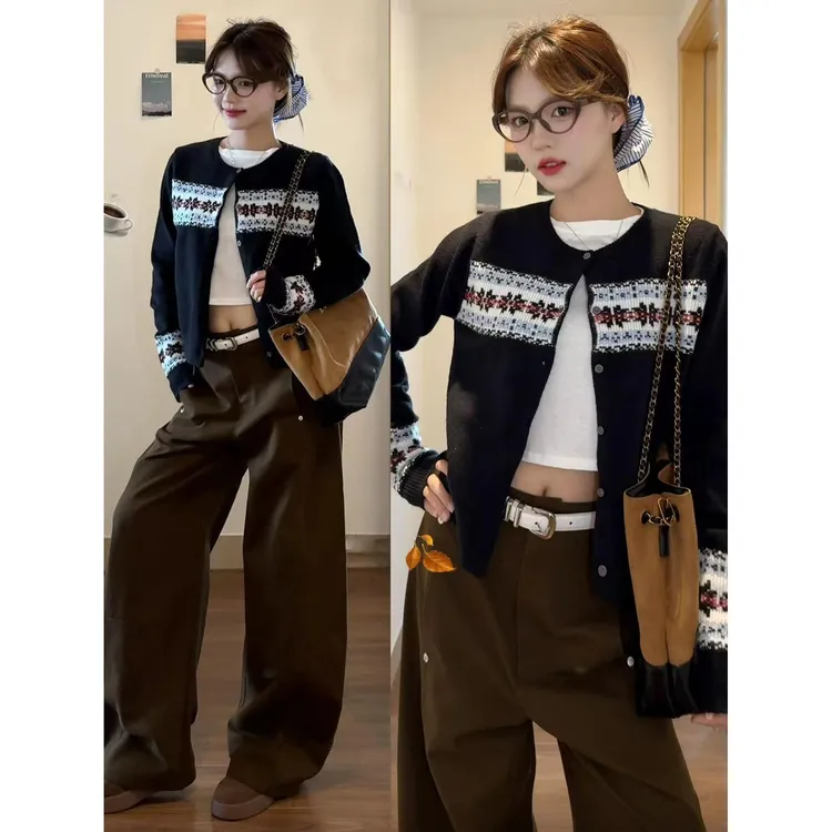 覆古浪漫 费尔岛风秋冬毛织外套针织开衫短款提花外搭上衣女毛衣