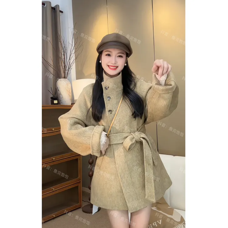 立领系带中长款双面羊毛大衣女韩系立领宽松秋冬毛呢外套上衣688