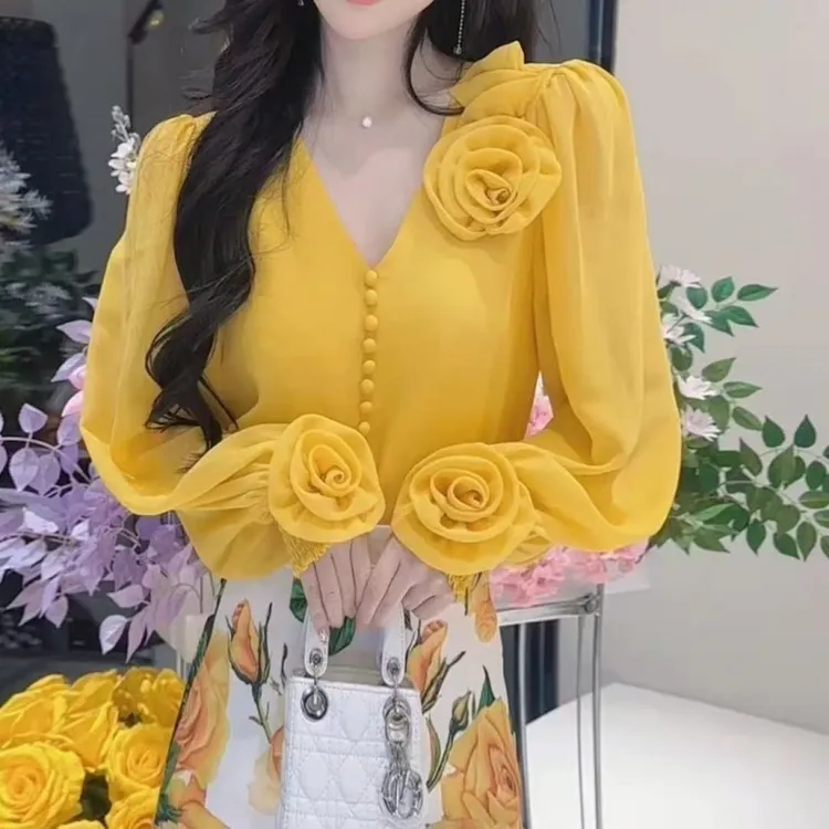 法式优雅名媛气质时尚立体花朵高级感长袖衬衫女2025春季新款潮流