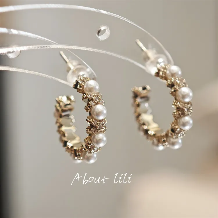 铜合金耳饰 珠环圈/法式轻奢C圈耳环温柔精致耳圈气质高级感耳饰