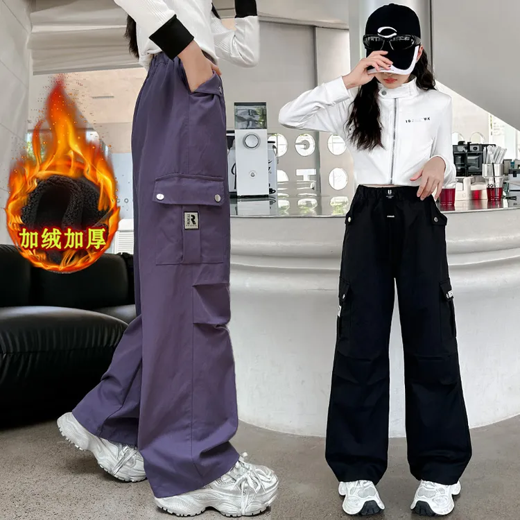 女童秋冬装新款工装裤洋气儿童宽松加厚保暖裤子中大童加绒阔腿裤