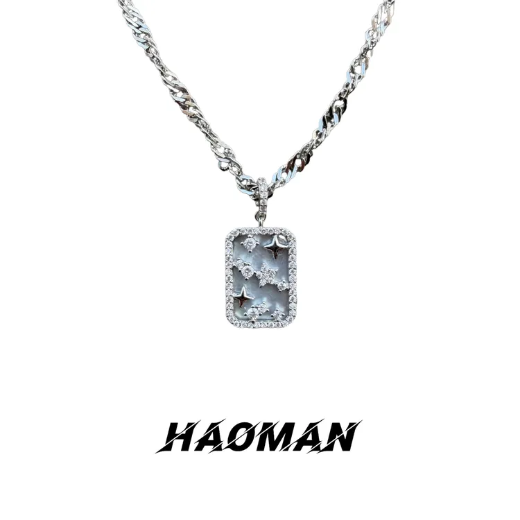 钛钢项链 小众精致“白贝星牌”精致方牌项链满钻镶嵌时尚休闲百搭商品图