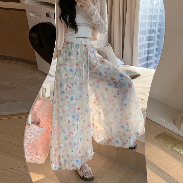 韩版甜美温柔彩色花苞裙裤女夏季气质减龄高腰百搭少女感阔腿裤子