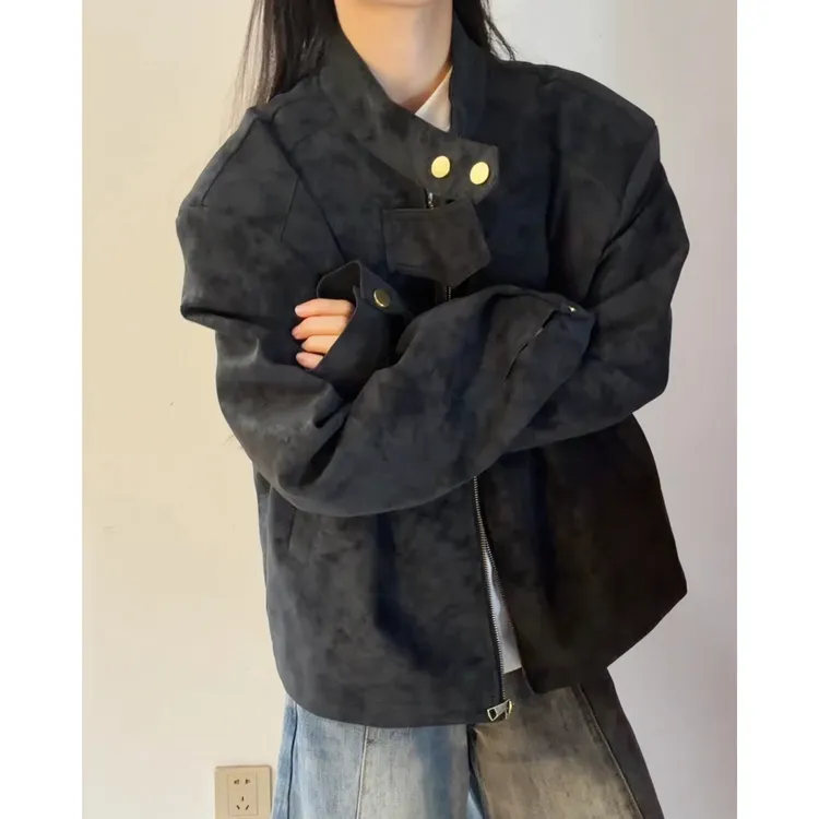 美式复古宽松立领机车皮衣棉服男春季休闲设计感帅气PU皮夹克外套