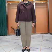 大码胖妈妈装显瘦格子领拉链外套2025秋中老年洋气休闲口袋上衣