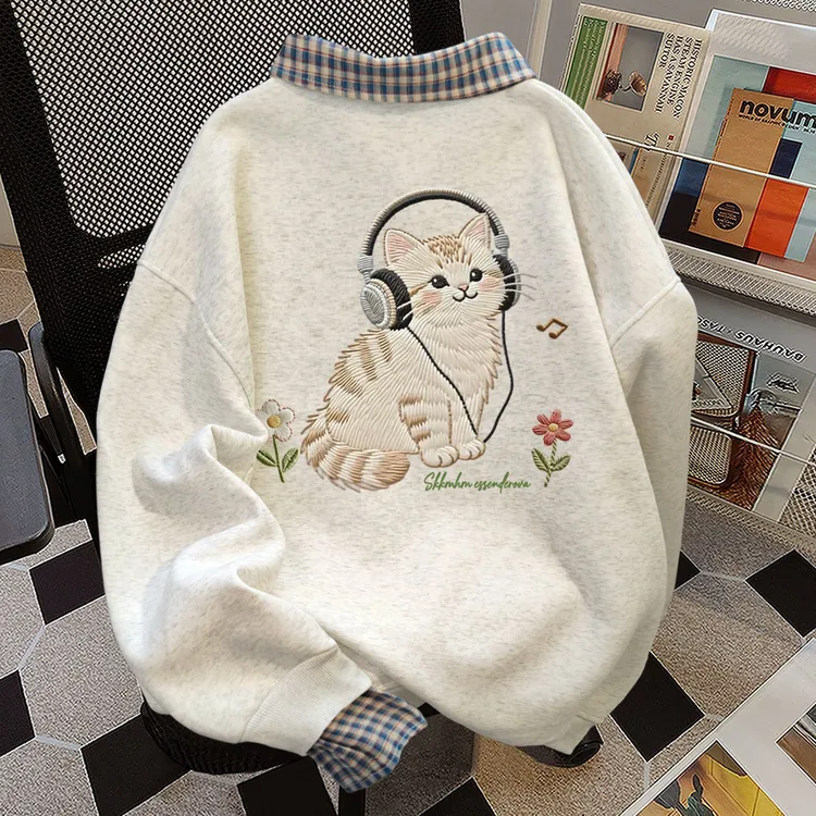 日系可爱清新高级假两件polo格子拼接卫衣女秋冬卫衣女冬季加绒