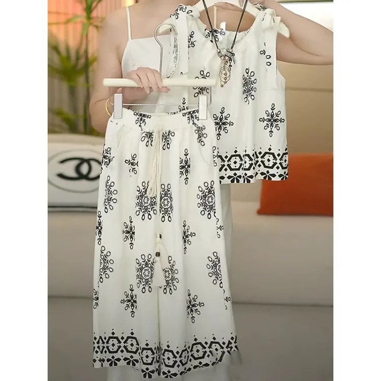 女童民族风薄款夏季套装2025新款女孩度假风背心阔腿裤凉爽两件套