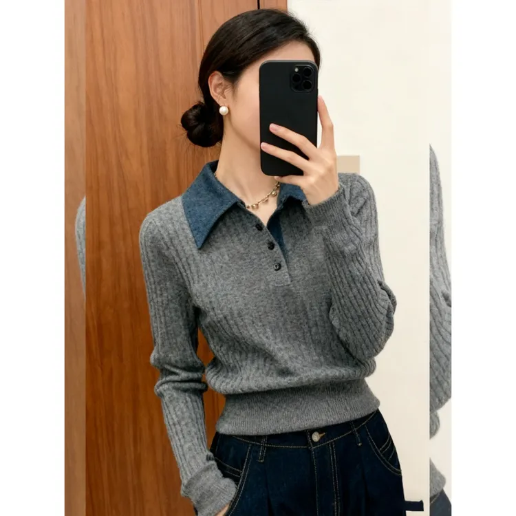 韩版拼色翻领长袖打底衫女2025年秋季洋气时髦假两件休闲灰色上衣