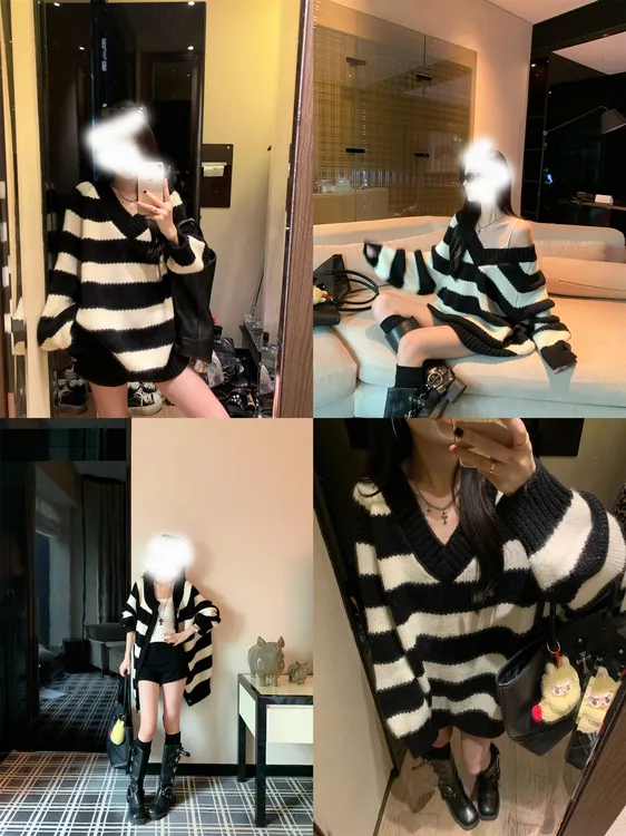 秋冬慵懒风条纹黑白两面穿毛衣针织衫~温柔外套