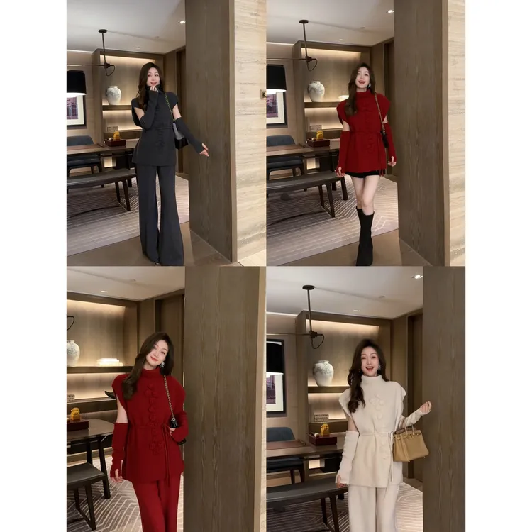 W·HAHA【花田错】100%绵羊毛手工立体花朵上衣裤子套装10319