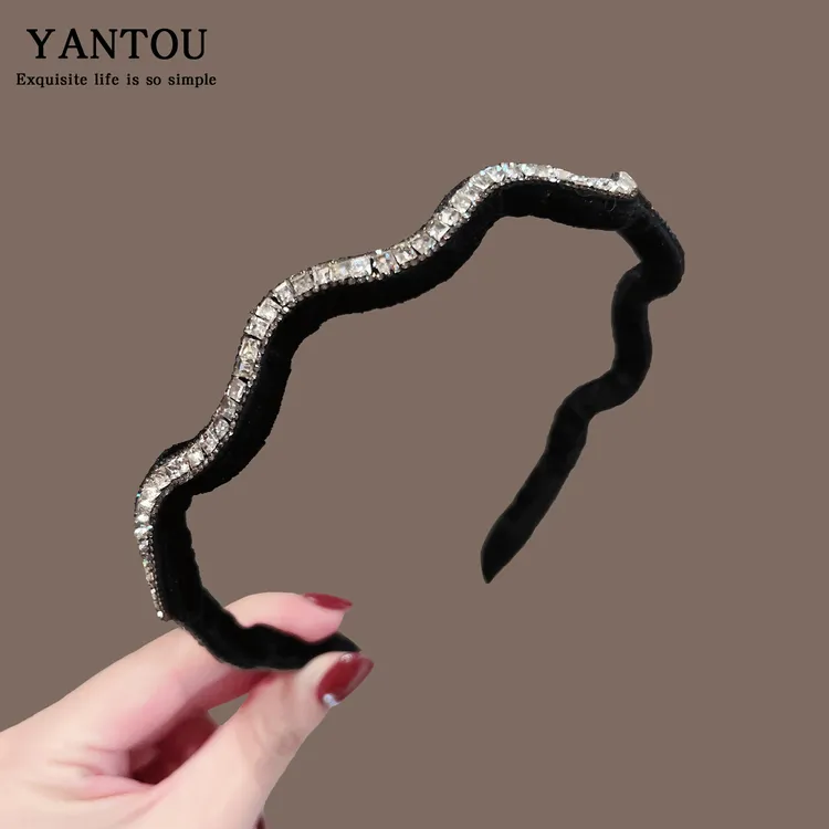 2025新款黑色水钻发箍女日常外戴高颅顶显脸小细边波浪头箍