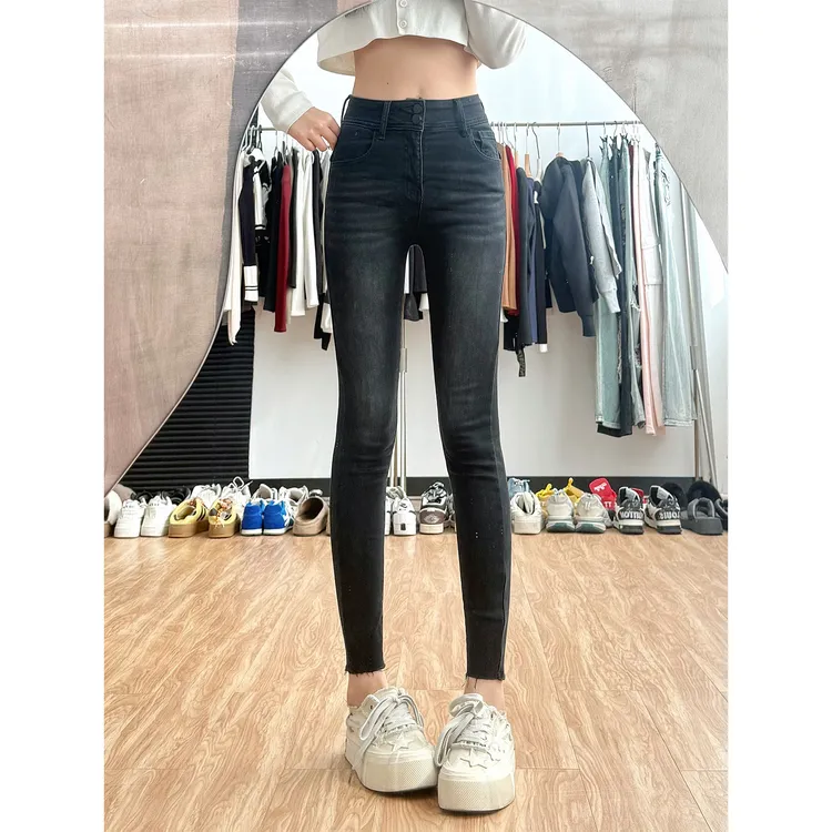 包臀双扣高腰弹力小脚九分牛仔裤女175高个子显瘦显高修身铅笔裤